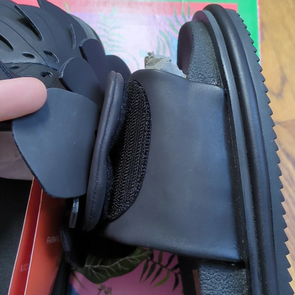 NIB FARM Rio Monstera Anatomic Slide Sandals In Black Women's Size 6